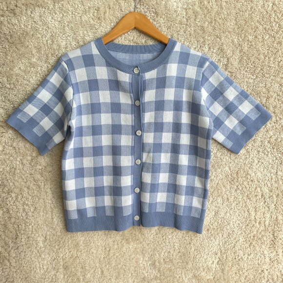 Womens Plaid Cardigan Sweater Blue White Size S CelebShop edition Korean Preppy - Picture 1 of 6